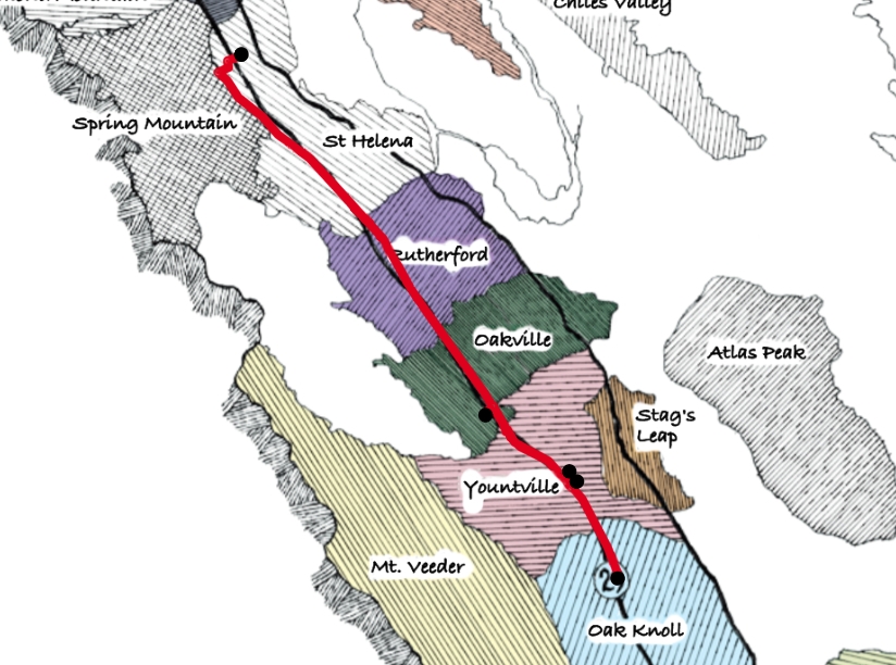 Napa Valley map showing the itinerary route in red