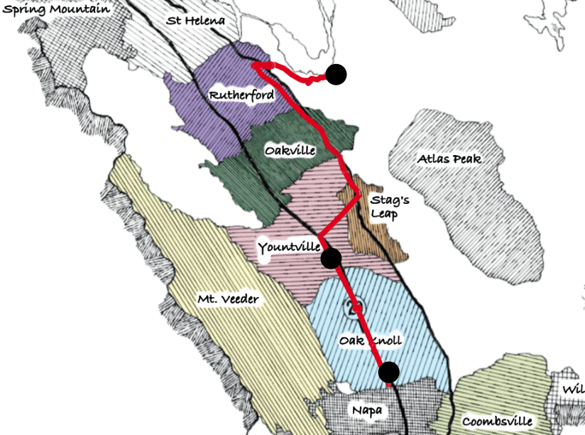 Map of Napa Valley with route in red from Gandona Estate near Lake Hennessey to Handwritten in Yountville to Ashes & Diamonds in Oak Knoll