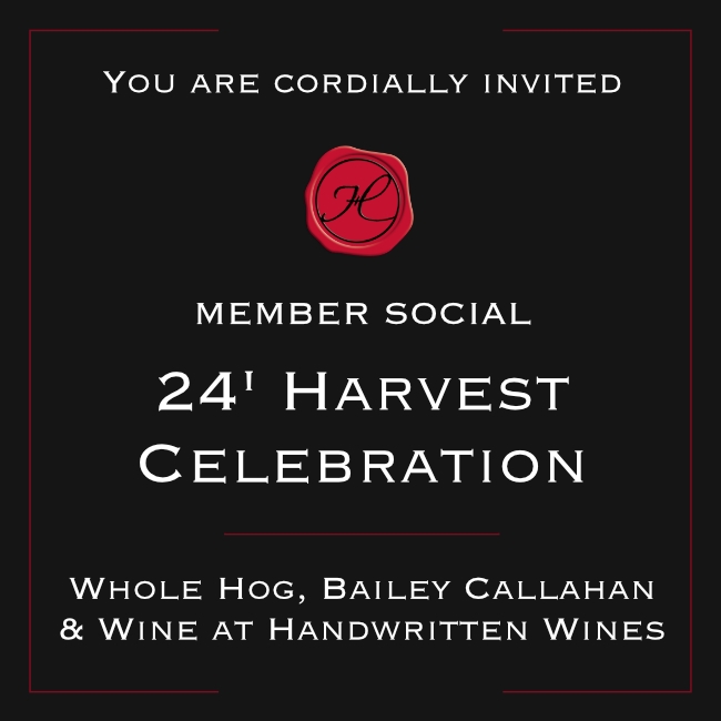 Black invitation card with red wax seal, announcing harvest celebration with food, wine, and music, a Napa wineries event.