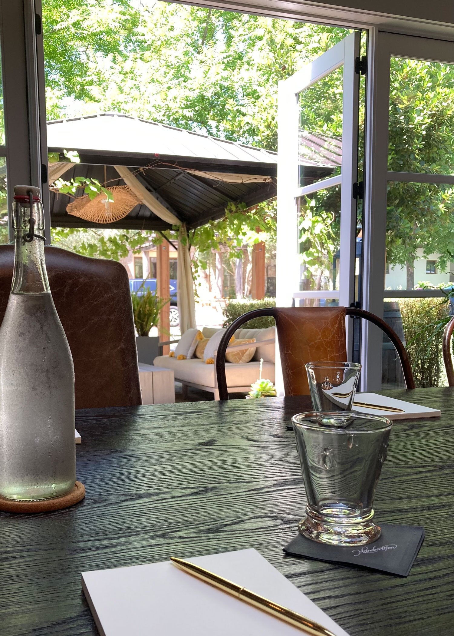refreshments provided at Handwritten wines meeting space, as well as door to outside area